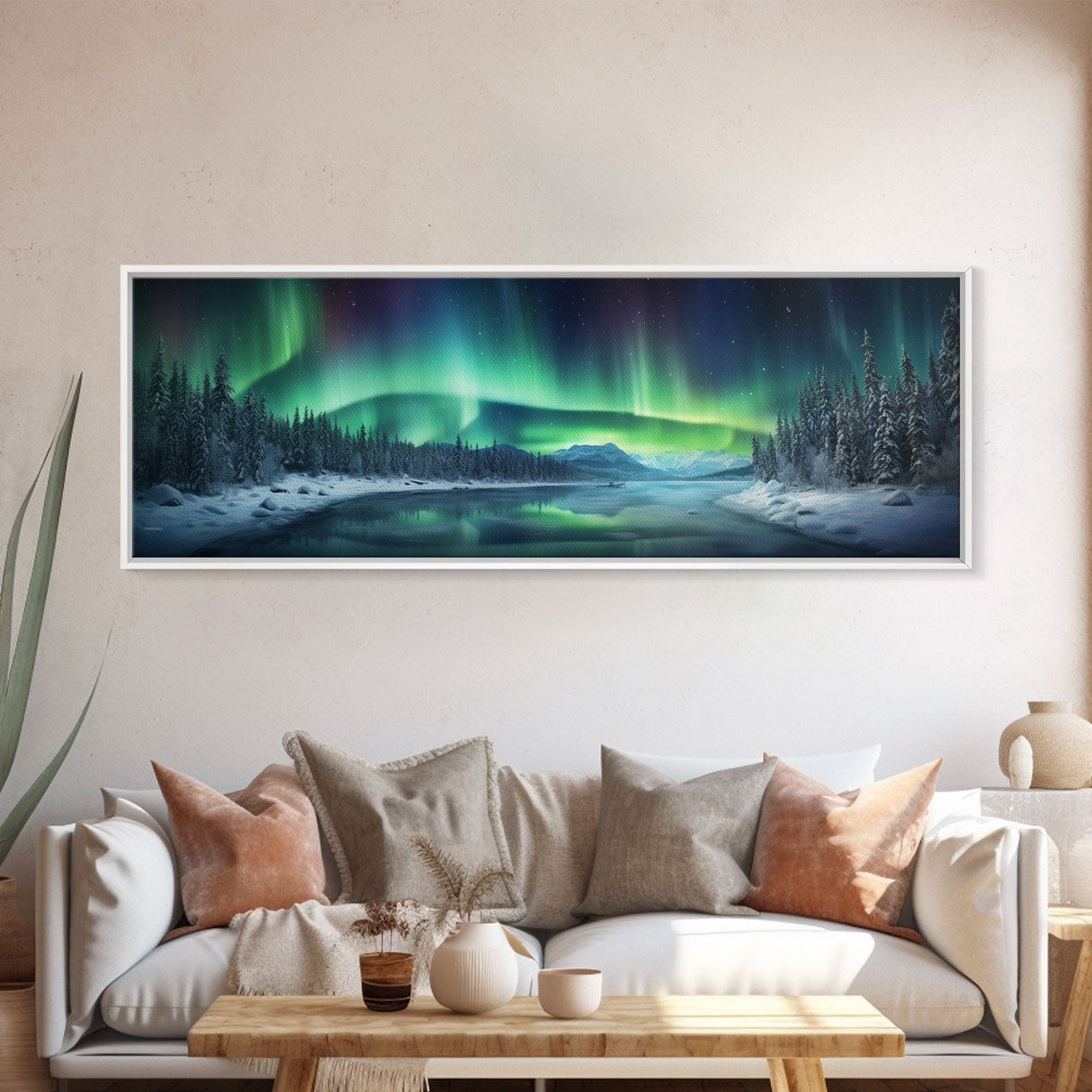 Panoramic Aurora Borealis Wall Art, Framed Canvas Print, Snowy Winter Landscape Painting, Winter Centerpiece Wall Art