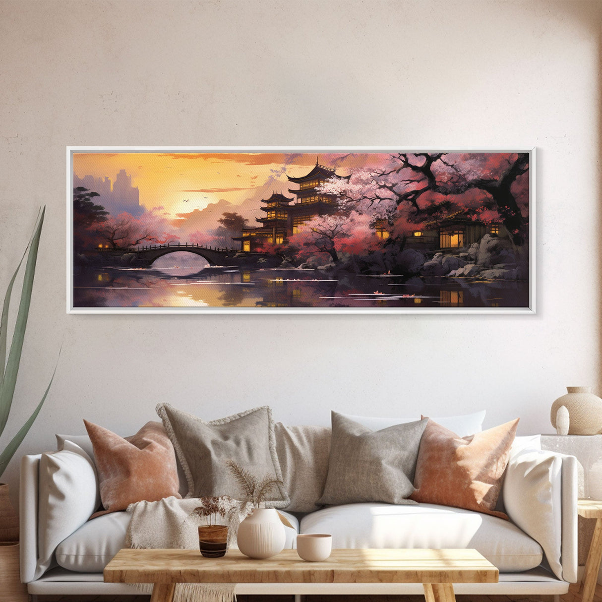 Dawn In Kyoto, Japan - Framed Canvas Print - Panoramic Painting Wall Art - Cute Wall Decor - Japanese Style Art