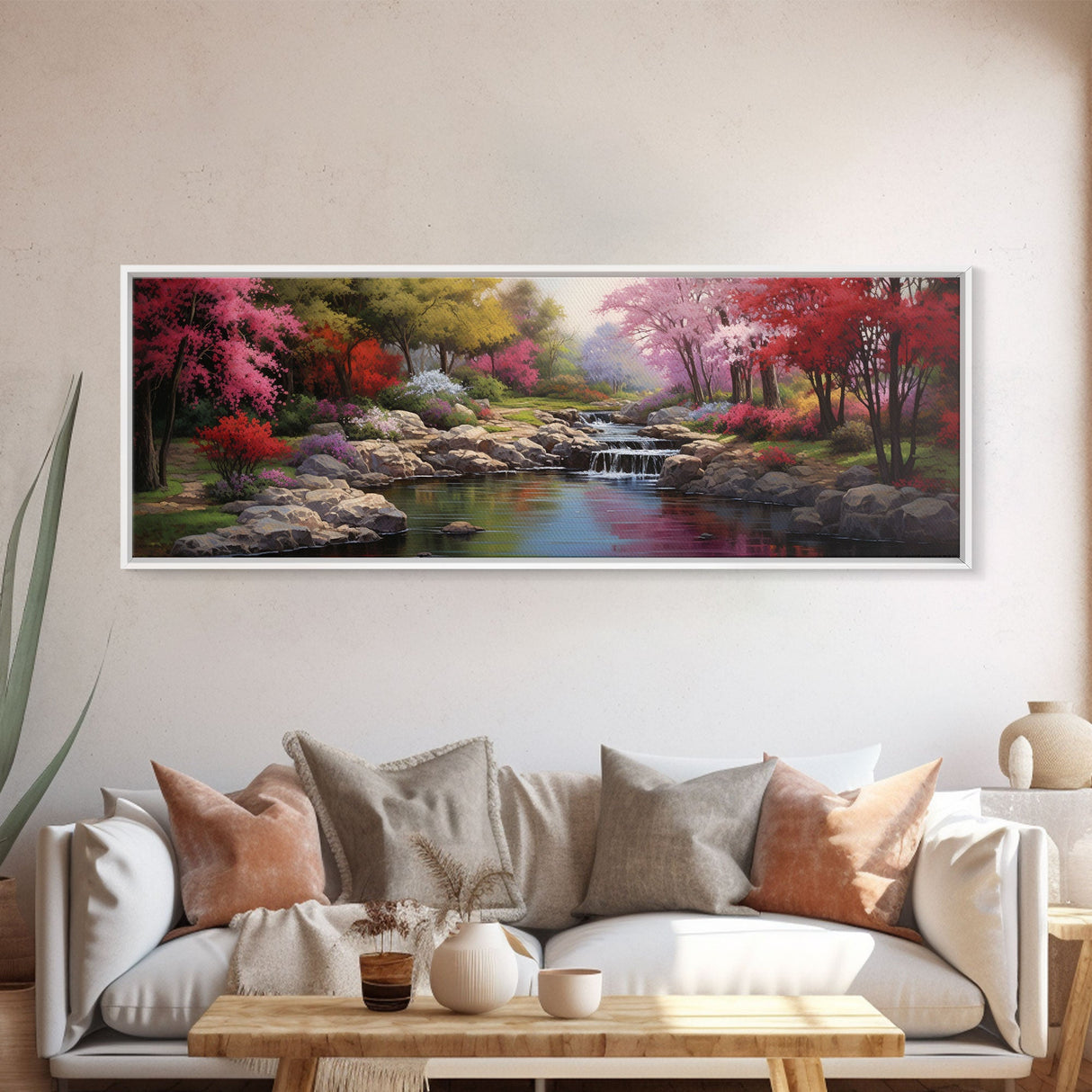 Panoramic Landscape Print Of A Tranquil Spring Stream, Framed Canvas Print, Original Landscape Oil Painting, Guest Room Decor