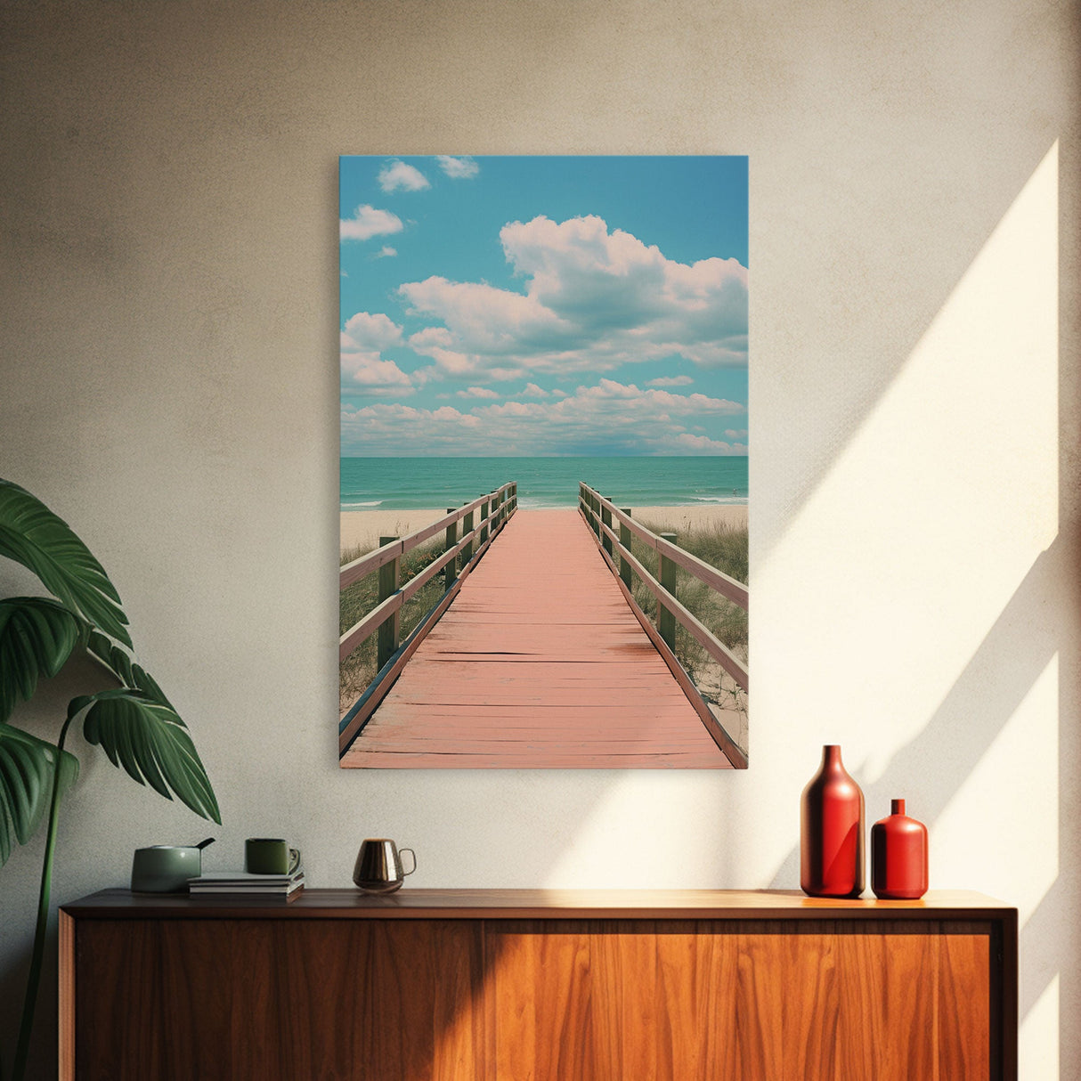 Beach Boardwalk, Vaporwave Summer Vibes, Framed Canvas Print, Retro Midcentury Modern Art, Liminal Art, Minimalist MCM Lakehouse Art