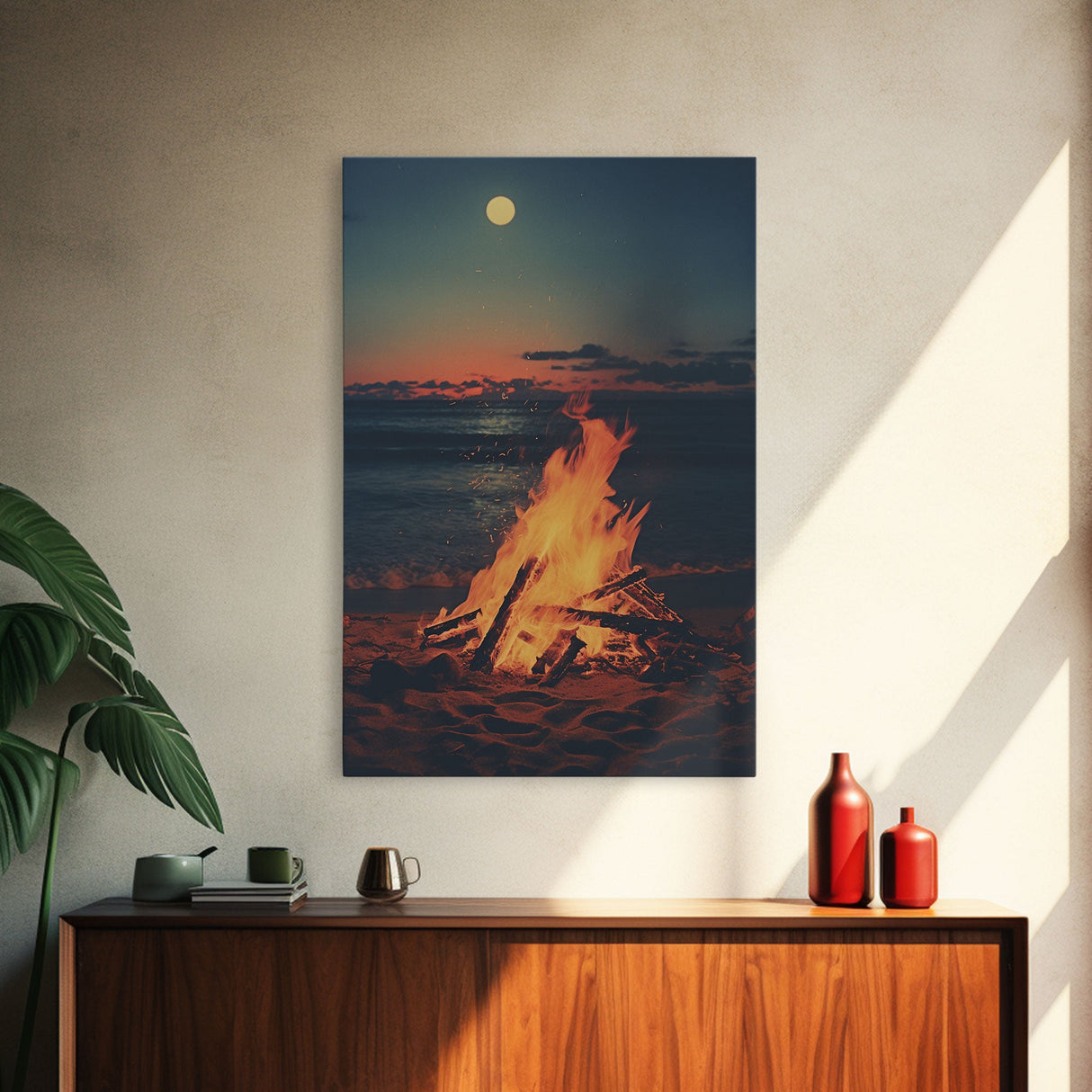 Beach Campfire Under A Full Moon, Photography Print, Framed Canvas Print, Beach House Decor, Coastal Decor, Beach Print, Beach Art