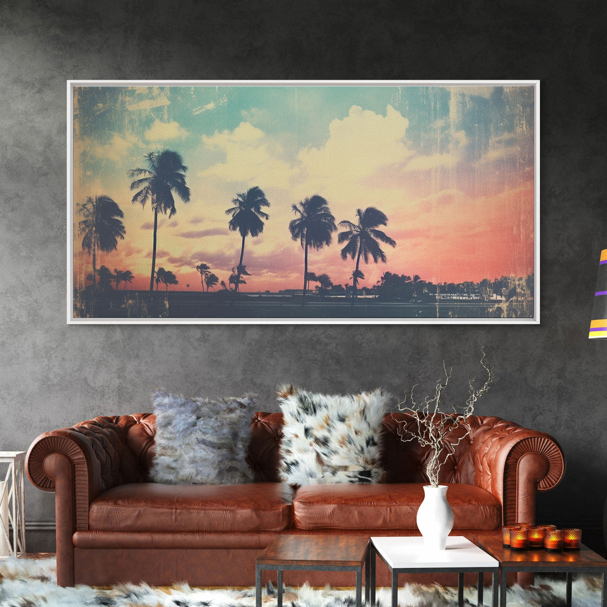 Distressed Old Photo Of Miami Beaches In the 1980s - Framed Canvas Print - Photography Print - Vaporwave Aesthetic Wall Art