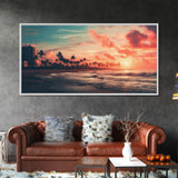 Sunset Over A Miami Beach, Framed Canvas Print, Vaporwave Wall Art, Retro 1980s Beach Art