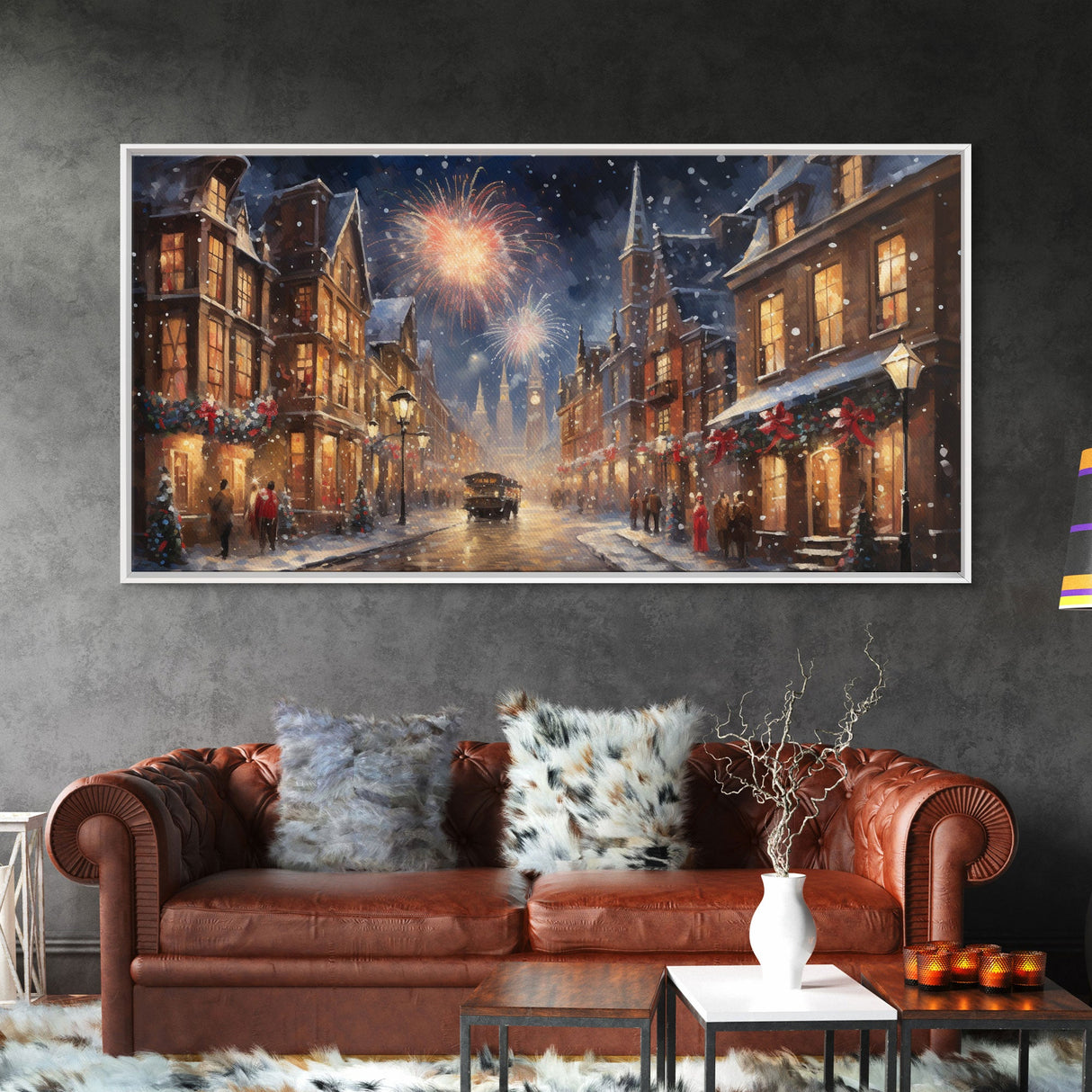 Christmas / New Years Fireworks - Framed Canvas Print - Christmas Wall Art - Christmas Oil Painting - Holiday Decor - Seasonal Art