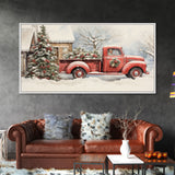 Christmas Tree Delivery - Retro Farmhouse Christmas Decor - Old Red Truck Delivering Christmas Trees - Framed Canvas Print - Holiday Decor