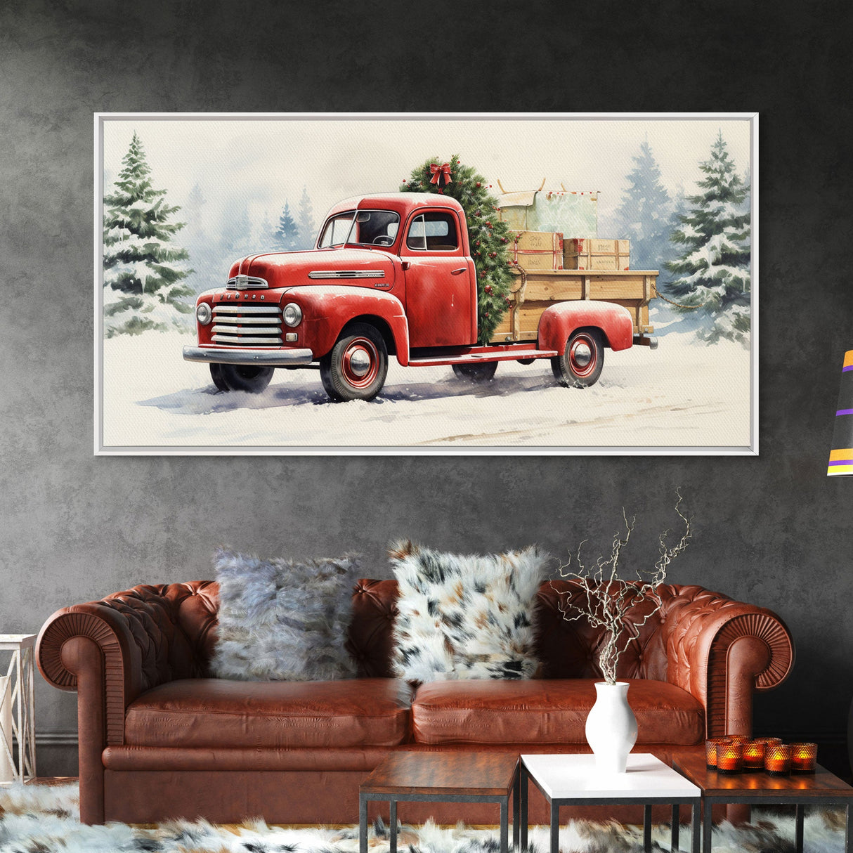 Christmas Tree Delivery - Retro Farmhouse Christmas Decor - Old Red Truck Delivering Christmas Trees - Framed Canvas Print - Holiday Decor