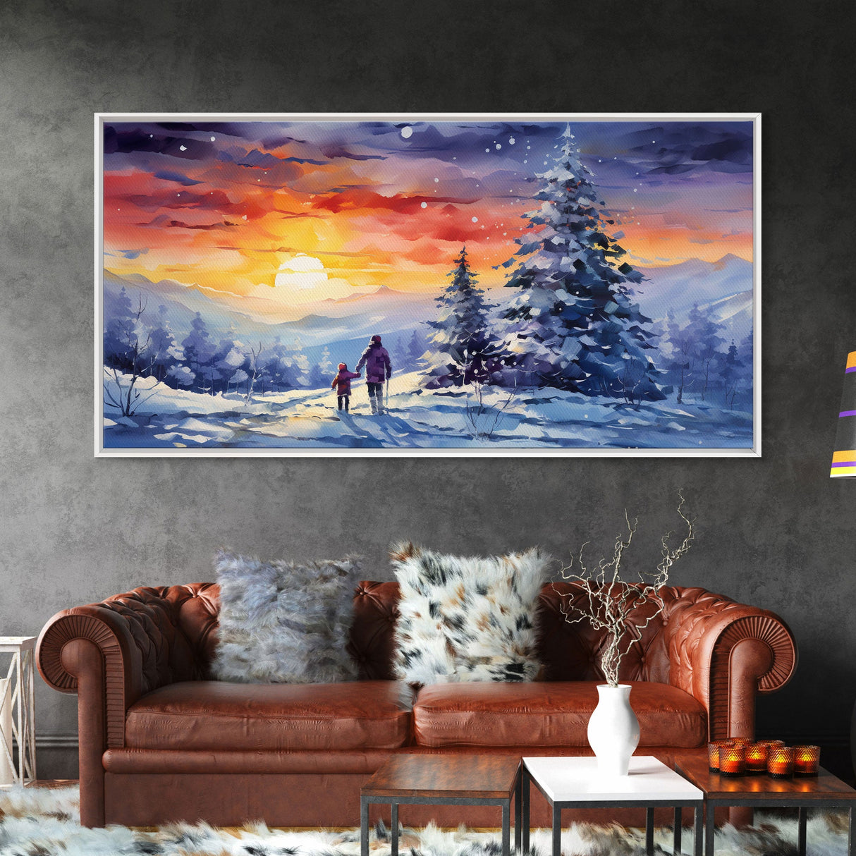 A Christmas Day Hike - Winter Wonderland Framed Canvas Print - Christmas Decor - Christmas Oil Painting - Holiday Wall Art Painting