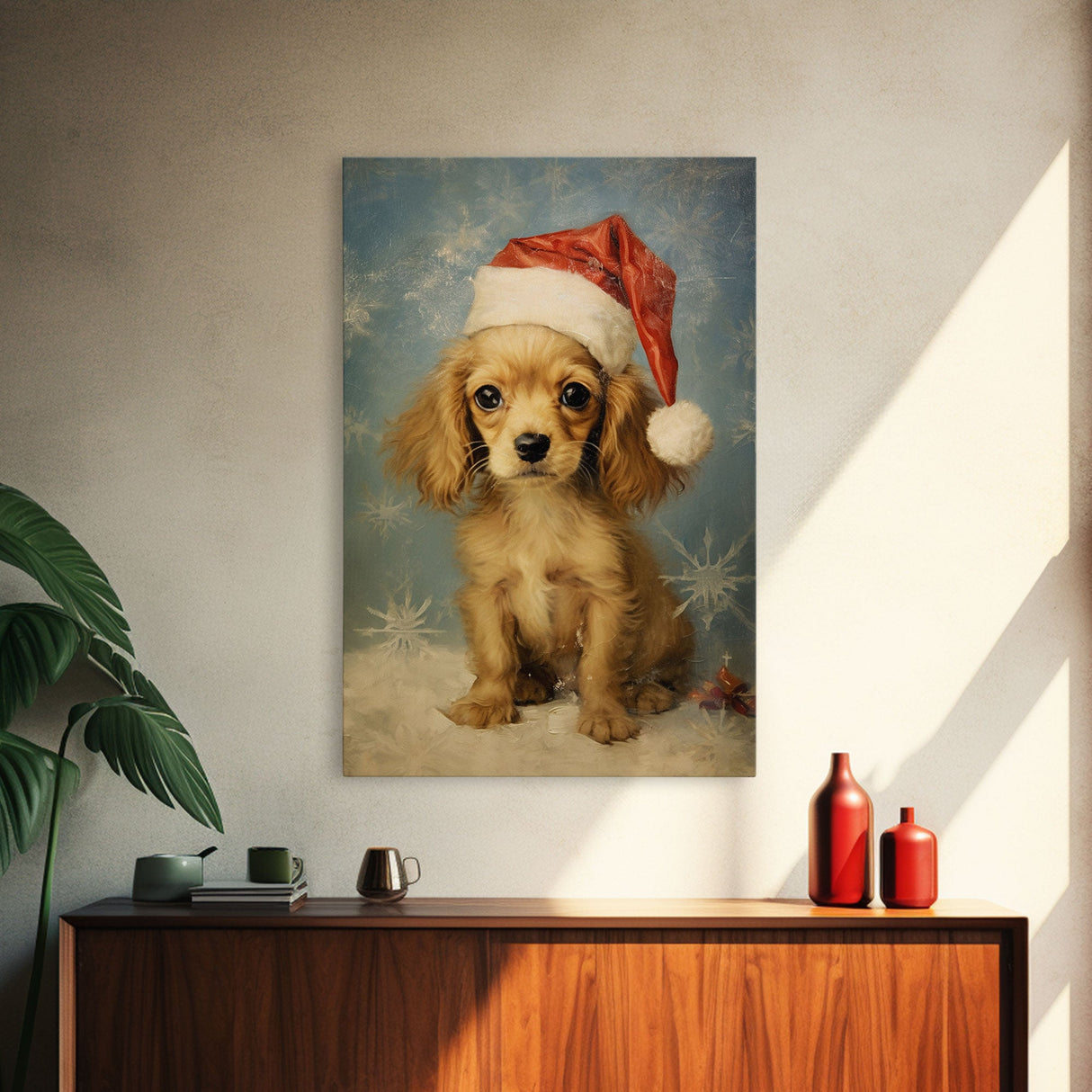 Cocker Spaniel Puppy In A Santa Hat, Framed Canvas Print, Christmas Decor, Holiday Decor, Seasonal Wall Decor, Farmhouse Christmas