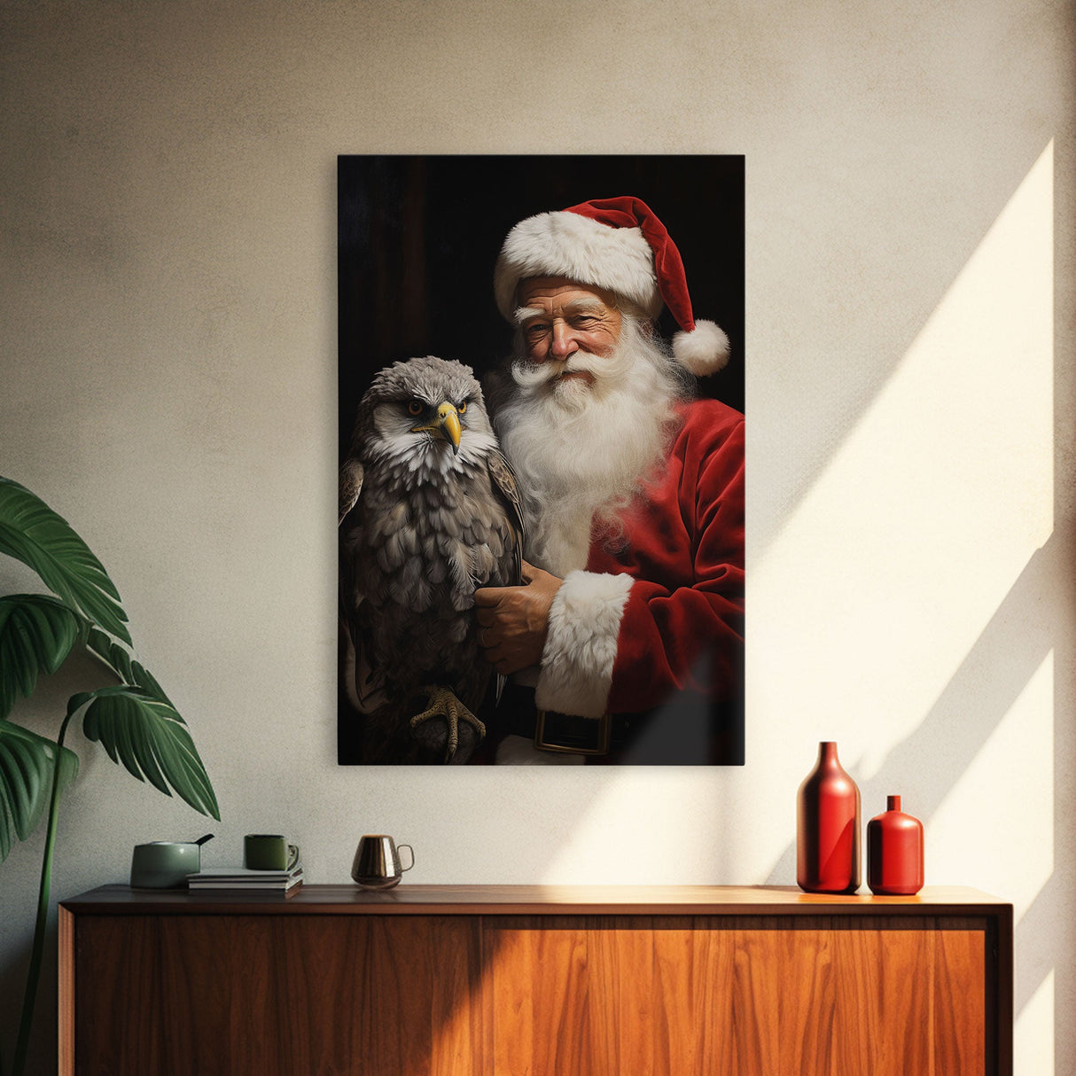 Santa Holding An Eagle, Framed Canvas Print, Christmas Wall Art, Xmas Art, Christmas Art Print, Santa Decor, Farmhouse Christmas Eagle Print