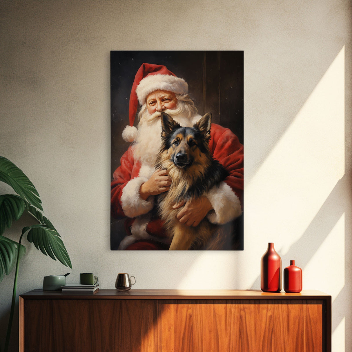 Santa Holding A German Shepherd, Framed Canvas Print, Christmas Wall Art, Xmas Art, Christmas Art Print, Santa Decor, Farmhouse Christmas