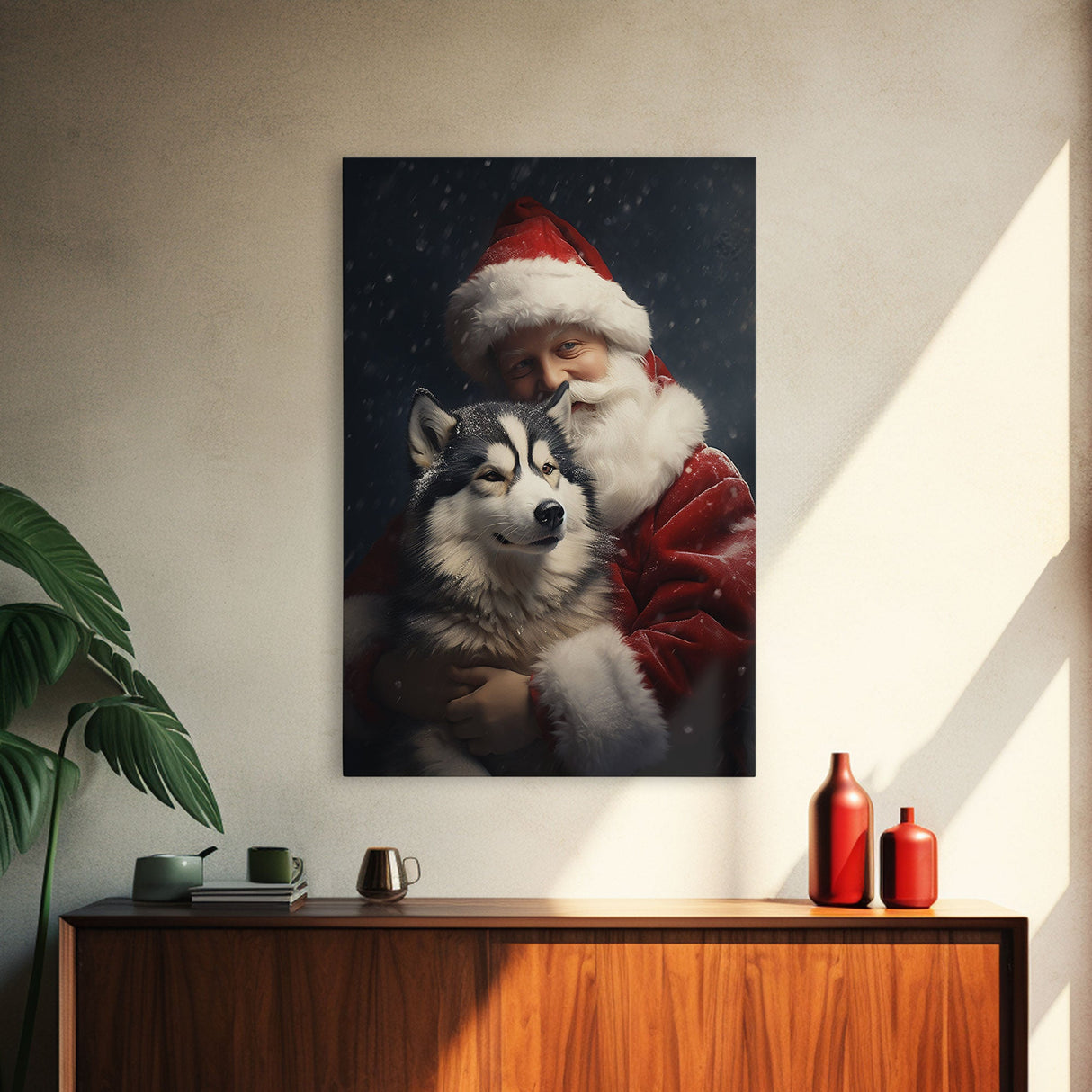 Santa Holding A Siberian Husky, Framed Canvas Print, Christmas Wall Art, Xmas Art, Christmas Art Print, Santa Decor, Farmhouse Christmas