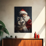 Santa Holding A Siberian Husky, Framed Canvas Print, Christmas Wall Art, Xmas Art, Christmas Art Print, Santa Decor, Farmhouse Christmas