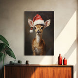 Cute Deer Wearing A Santa Hat, Christmas Decor, Woodland Animals, Christmas Wall Art, Winter Decor, Holiday Decor, Seasonal Decor