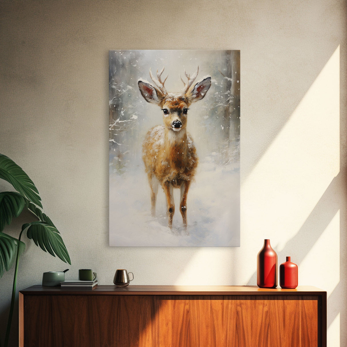 Cute Buck Wearing A Santa Hat, Christmas Decor, Woodland Animals, Christmas Wall Art, Winter Decor, Holiday Decor, Seasonal Decor, Cute Deer