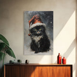 Black Christmas Cat Wearing A Santa Hat, Framed Canvas Print, Christmas Decor, Xmas Wall Art, Holiday Decor, Seasonal Wall Decor