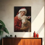 Farmhouse Christmas Decor, Santa And A Little Sheep, Framed Canvas Print, Christmas Wall Art, Xmas Art, Christmas Art Print, Santa Decor