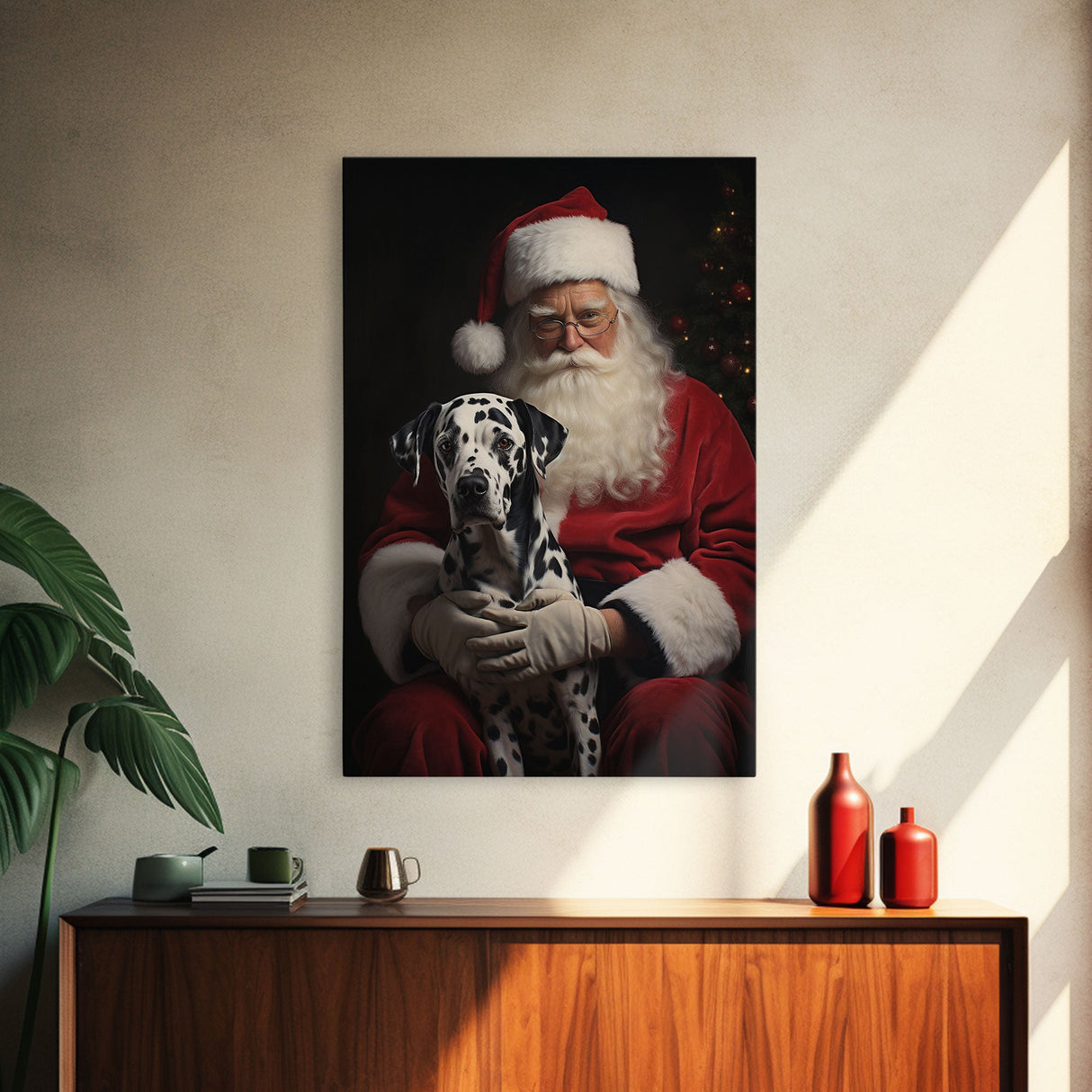 Santa and his Dalmation, Framed Canvas Print, Christmas Wall Art, Xmas Art, Christmas Art Print, Santa Decor