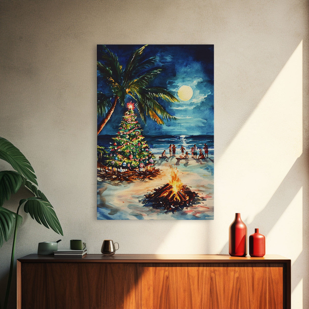 A Beach Christmas Framed Canvas Print, Christmas Painting, Tropical Beach Xmas Decor