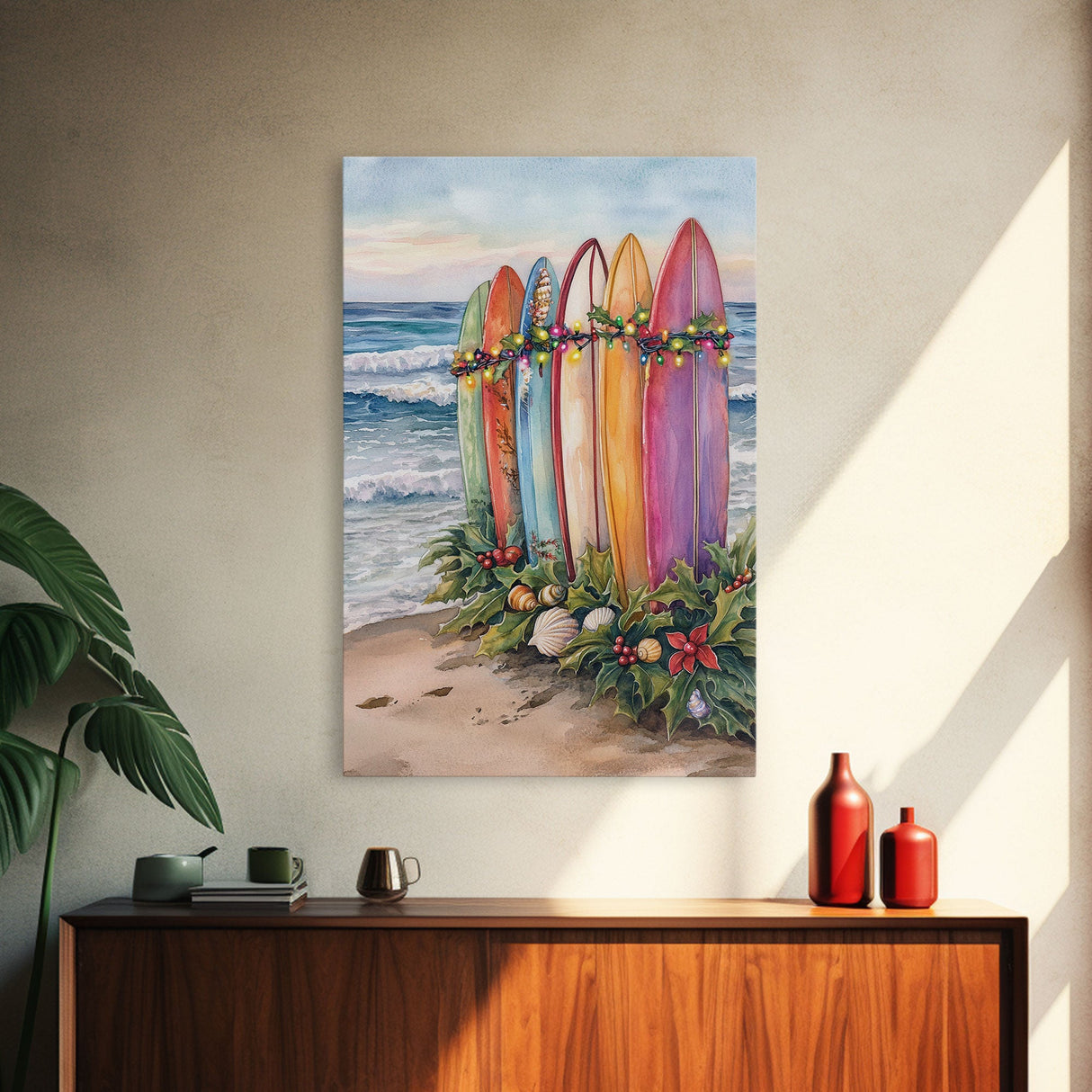 Surf Board Christmas, Framed Canvas Print, Beautiful Trendy Christmas Wall Art With Wood Frame, 2024 Xmas Decor, Christmas 2024