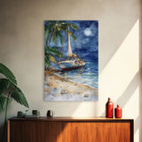 Sailboat On The Beach At Christmas, Framed Canvas Print, Christmas Home Decor / Gift, Christmas Wall Print