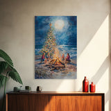 Christmas by the Bonfire Framed Canvas Print Family Gathering Around Christmas Tree Beach, Coastal Holiday Wall Art Nautical Christmas Decor