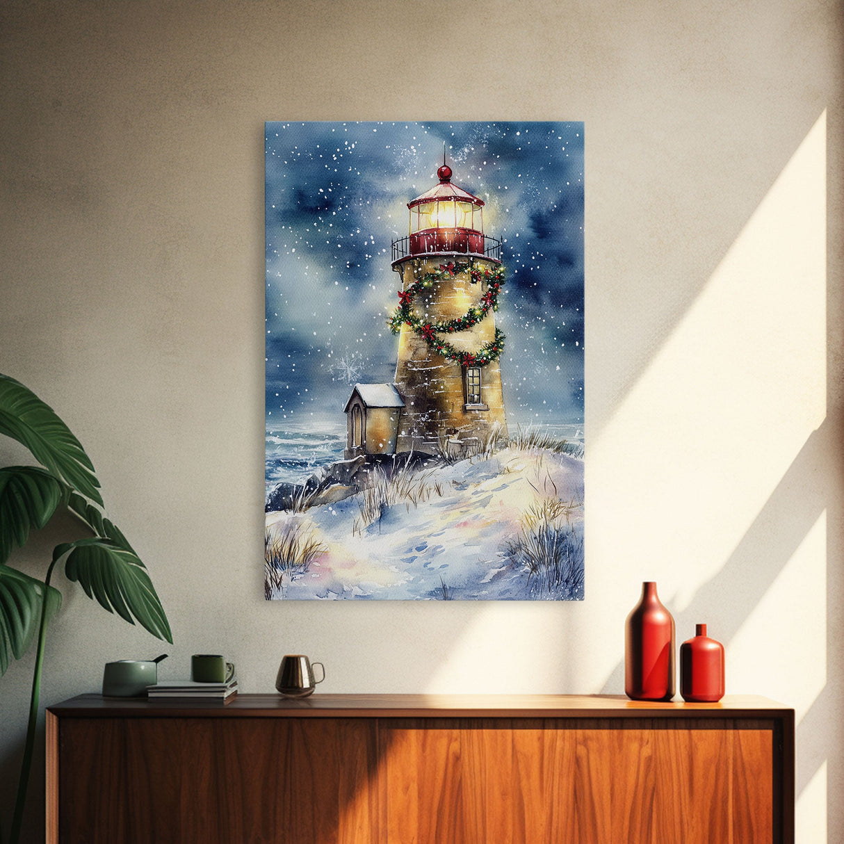 Snowy lighthouse under moonlit sky with wreath, Framed Canvas Print, beach Christmas decor for winter wonderland, holiday wall art