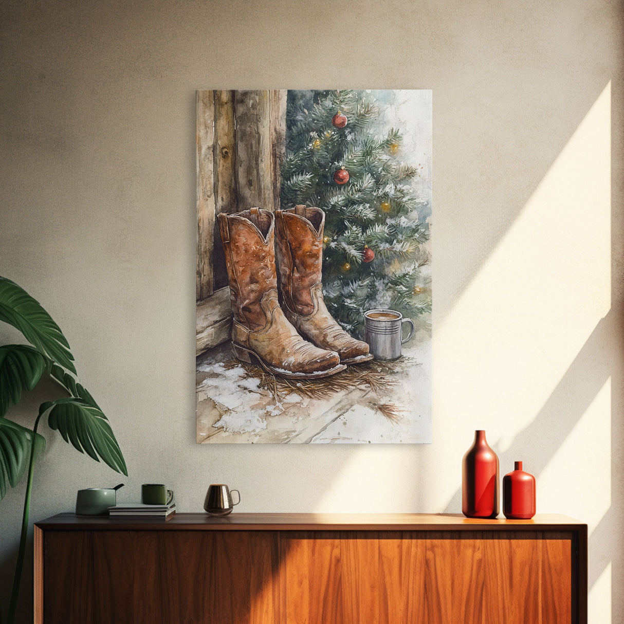 Rustic cowboy boots by Christmas tree, Framed Canvas Print, farmhouse Christmas decor, cozy holiday wall art, western style home decor