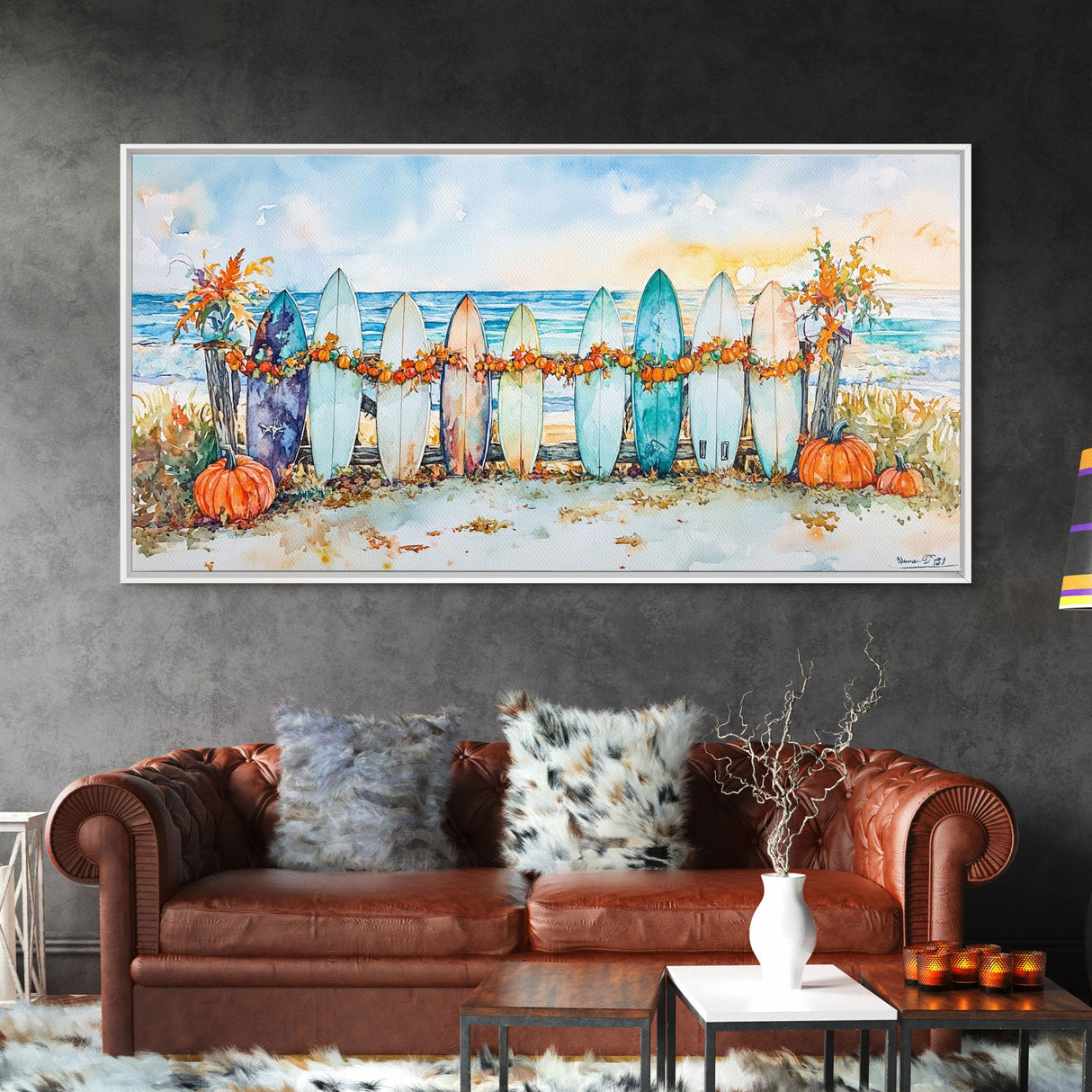 Framed Canvas Print Beach Scene with Surfboards and Pumpkins, Fall Beach Decor, Autumn Coastal Wall Art, Perfect Fall Beach Theme