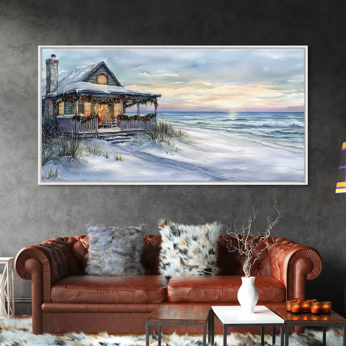 Beach Christmas decor Framed Canvas Print winter wonderland cabin Christmas vacation decor coastal Christmas wall art holiday gift idea