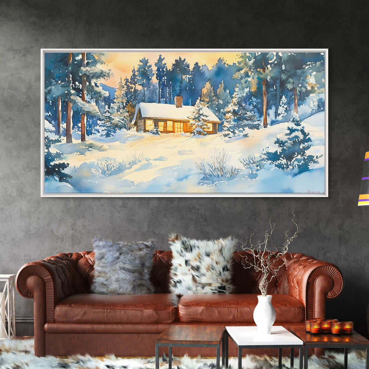 Winter cabin decor Framed Canvas Print snowy cabin and trees winter wonderland cozy holiday wall art gift idea Christmas home decor