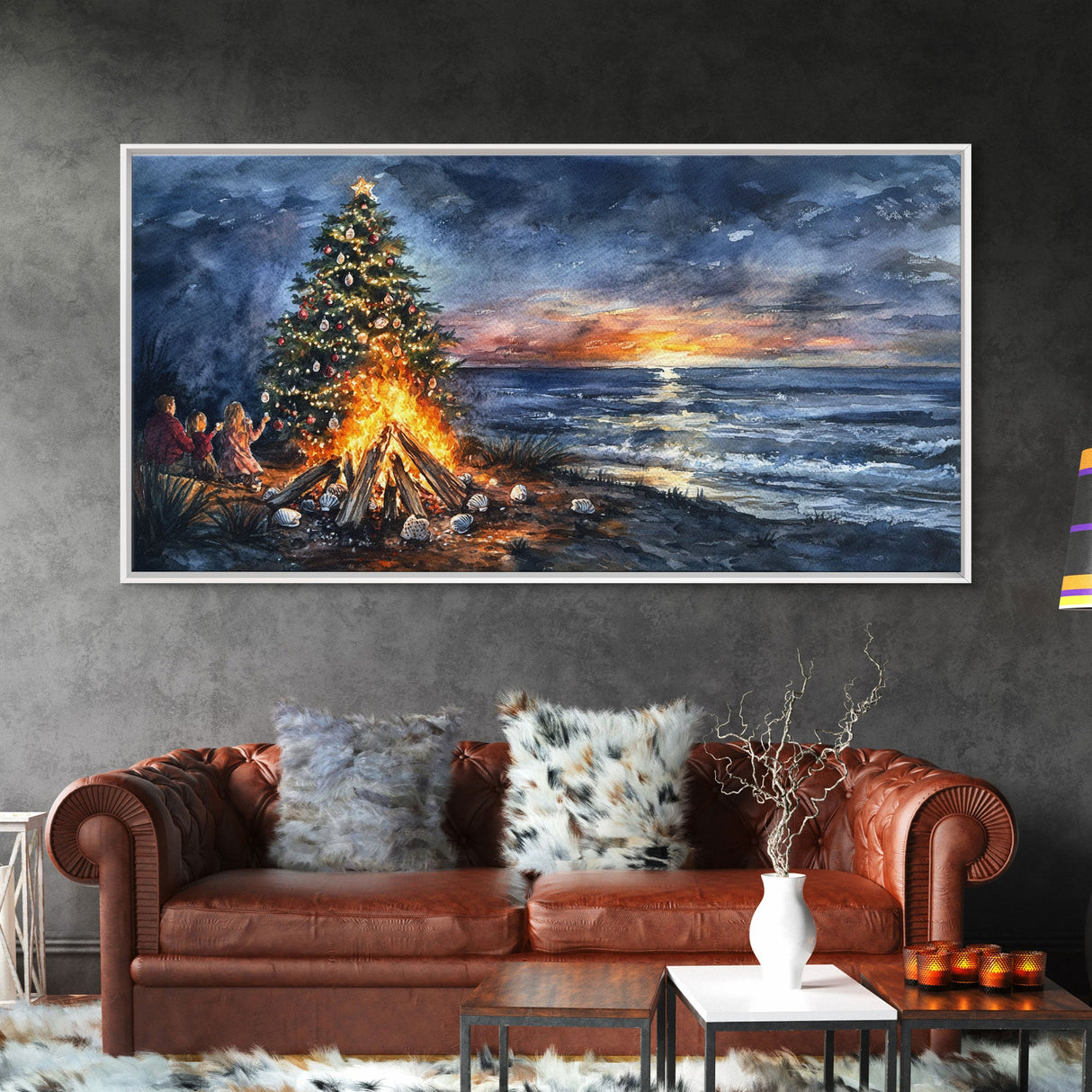 Beach Christmas decor with bonfire, sunset coastal holiday wall art, Christmas tree print, festive coastal art gift, framed canvas print