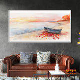 Autumn beach landscape art, fall sunset wall art, coastal boat decor, beach fall home decor, seasonal wall art gift, framed canvas print