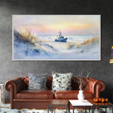 Seaside winter ship art, beach winter landscape, coastal holiday art, framed canvas print, nautical decor, Christmas wall art