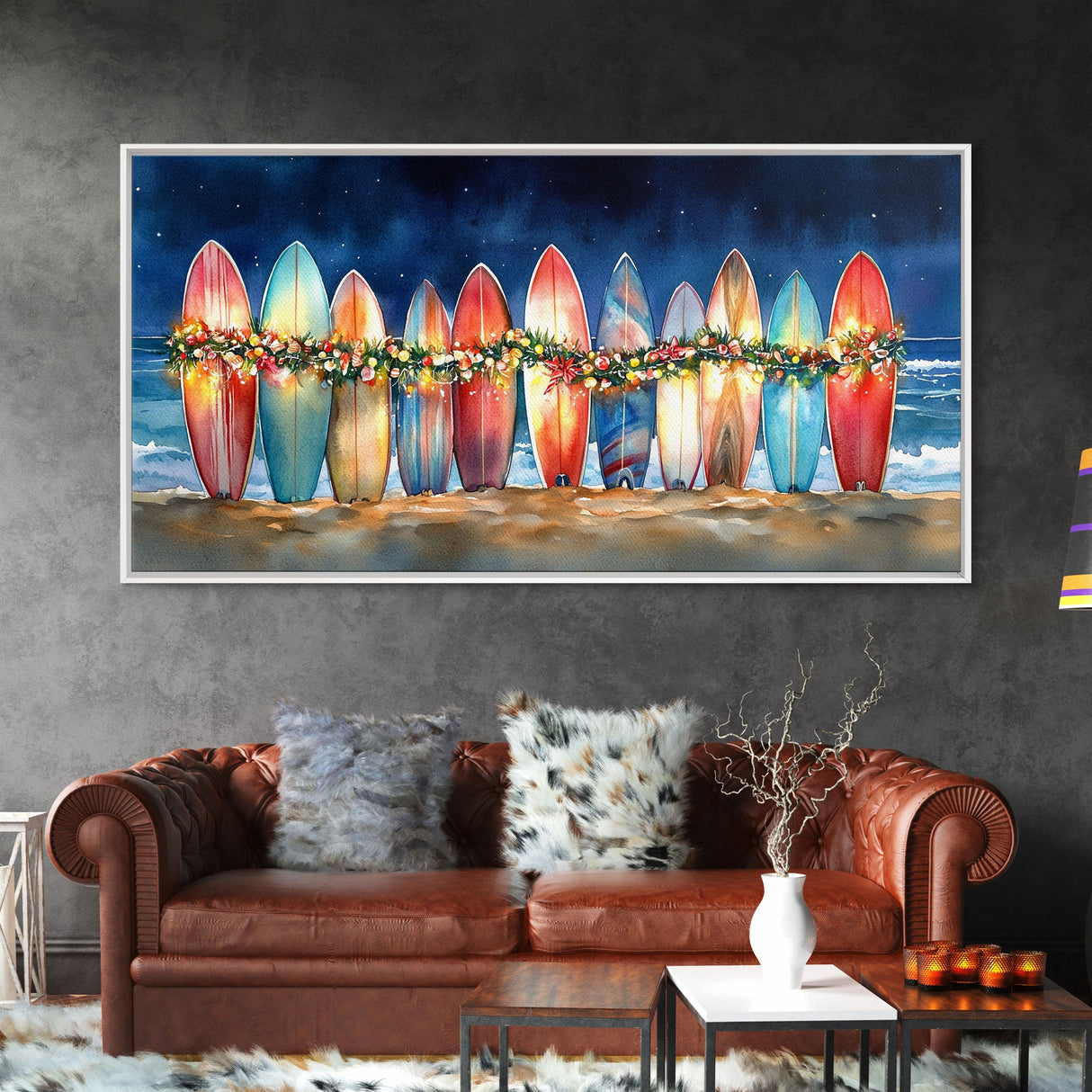 Surfboards with Christmas lights, tropical Christmas wall art, beach holiday decor, framed canvas print, coastal Christmas art, festive art