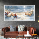 Snow-Covered Beach with Shells and Starfish, Framed Canvas Print, Coastal Holiday Decor, Nautical Christmas Art, Beach Christmas Art Gift