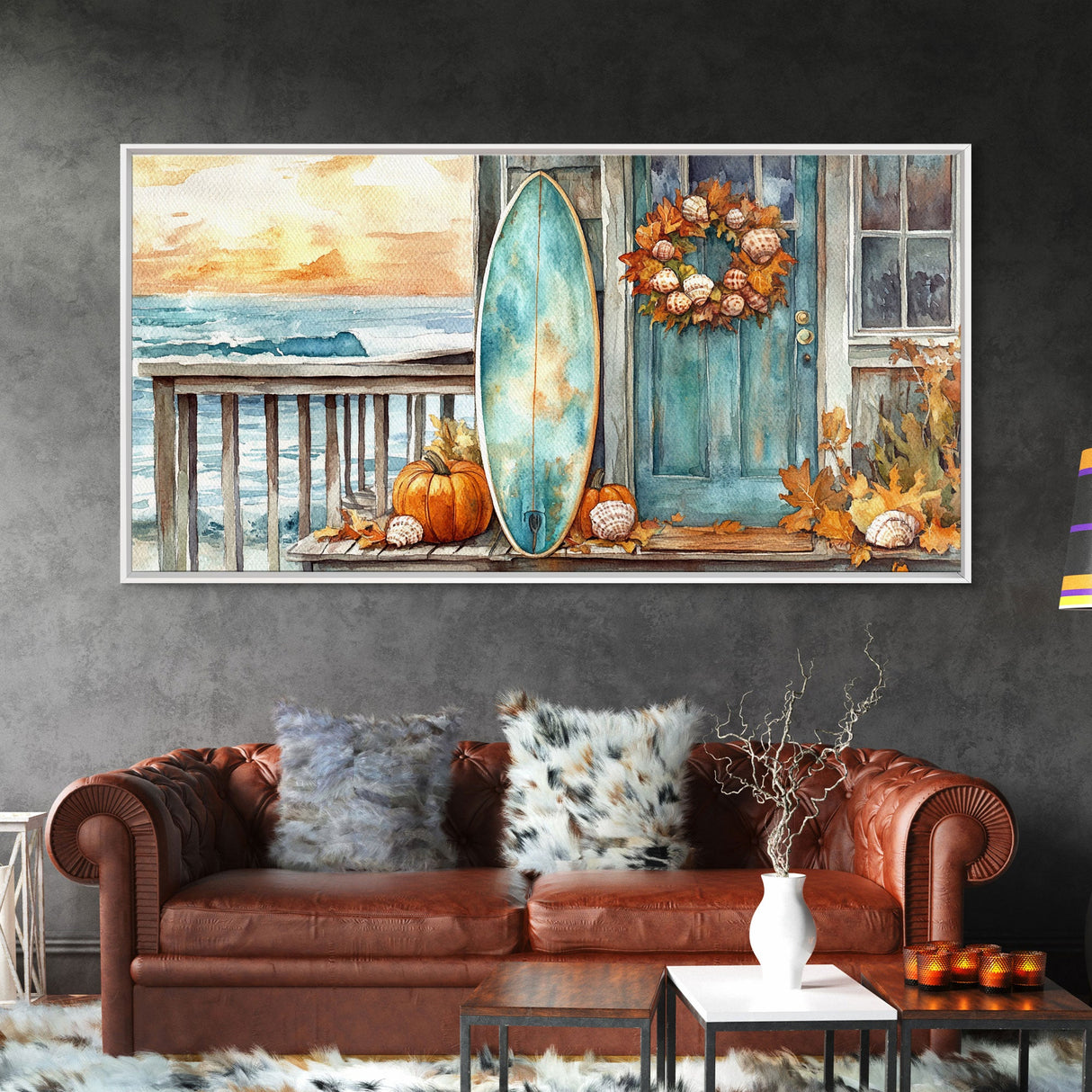 Coastal Surfboard and Pumpkins Fall Scene, Framed Canvas Print, Autumn Beach Decor, Fall Home Decor, Wall Art, Coastal Autumn Wall Print