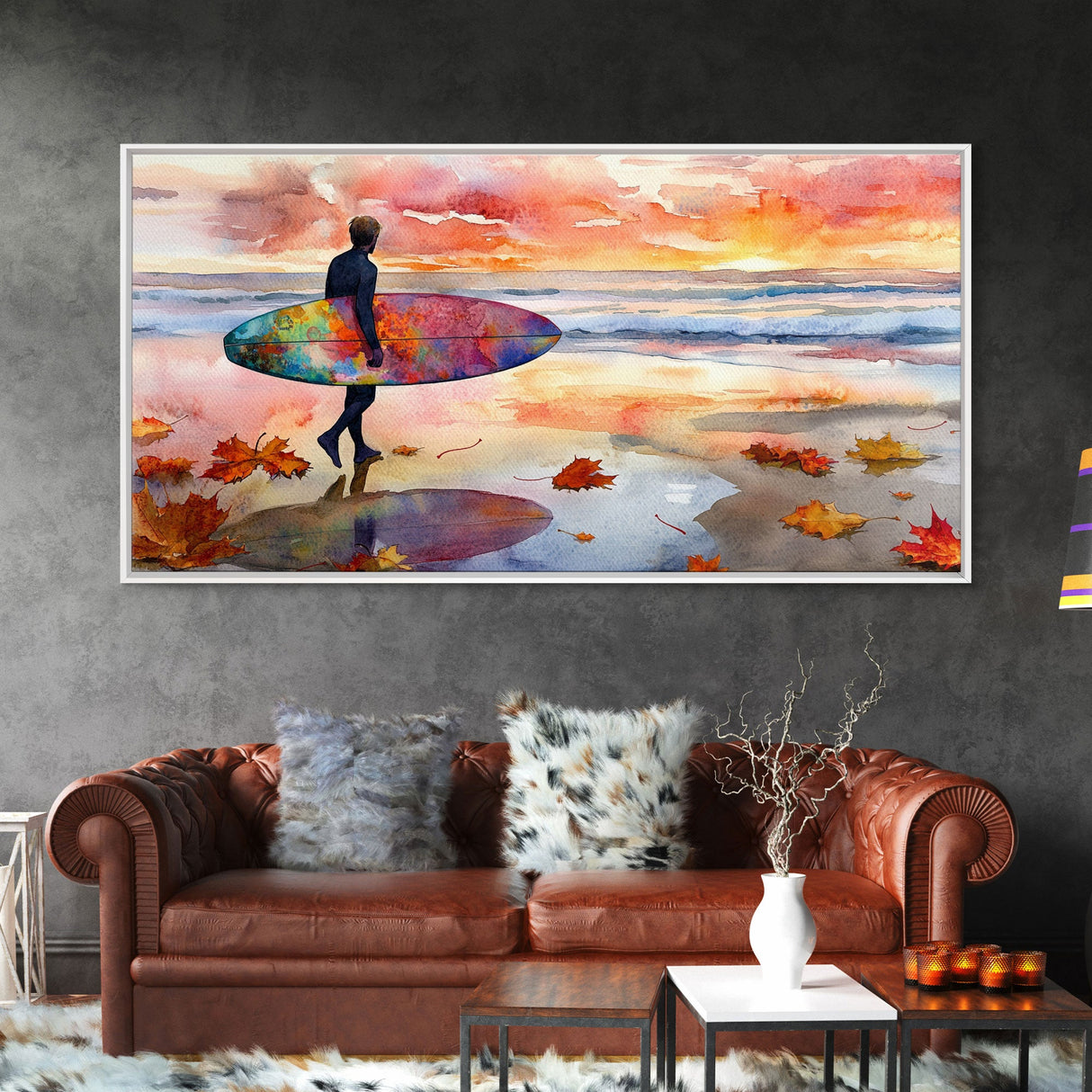 Autumn Surfing Sunset Canvas Print | Fall Surf Art Gift | Seasonal Wall Art Decor | Gift Idea | Beach Decor Fall Theme | Framed Canvas Print