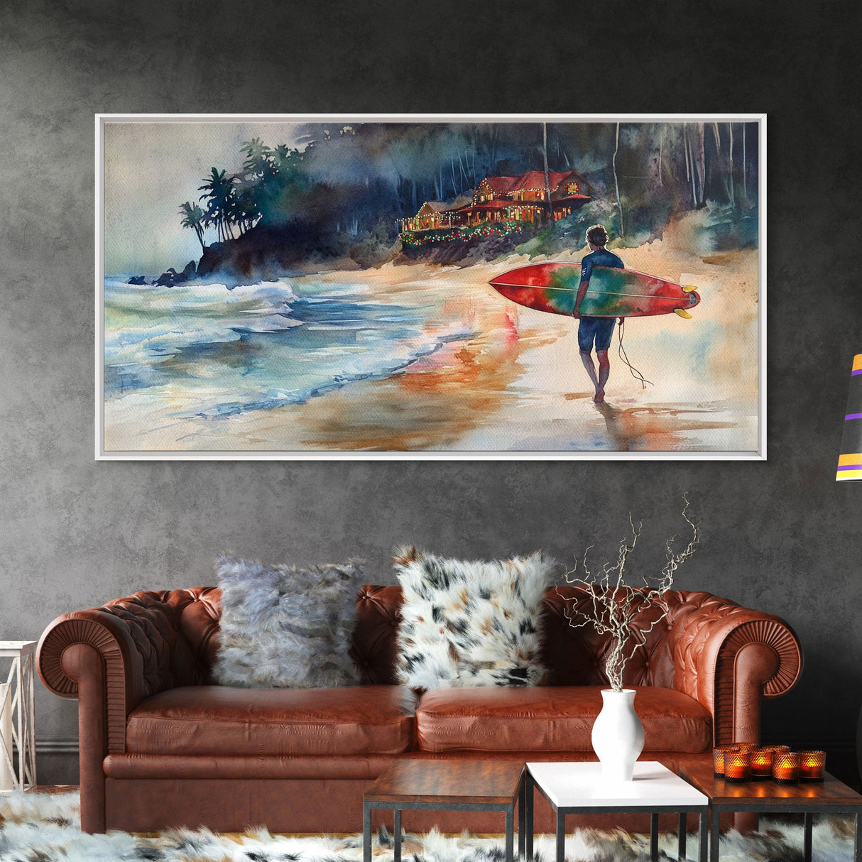 Surfer at Coastal Christmas House Canvas Print | Tropical Christmas Wall Art | Beach House Holiday Decor | 2024 Coastal Christmas Art Gift