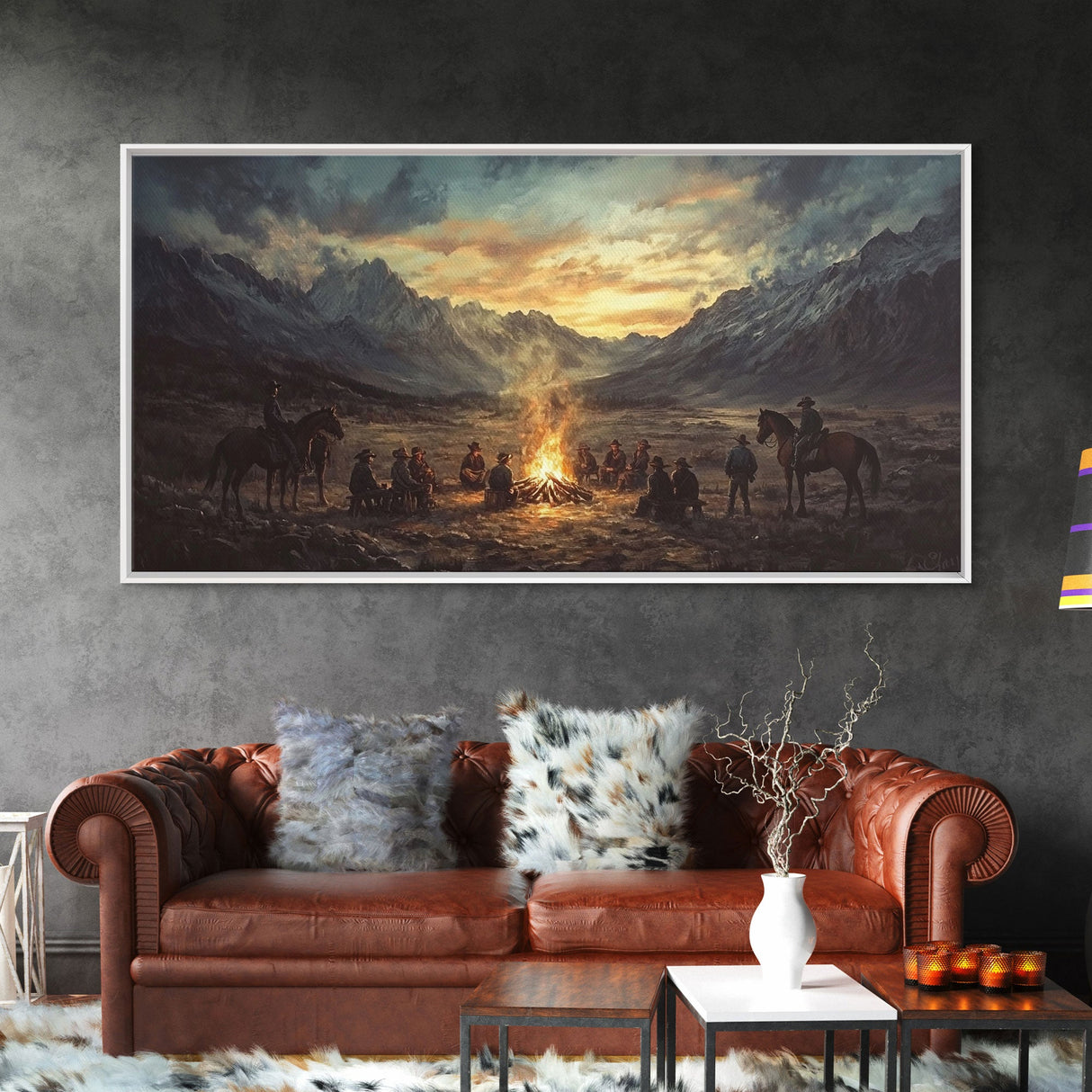 Sunset Cowboys Around Campfire Framed Canvas Print Western Scenic Art Perfect Winter Wall Decor and Rustic Mountain Cabin Art