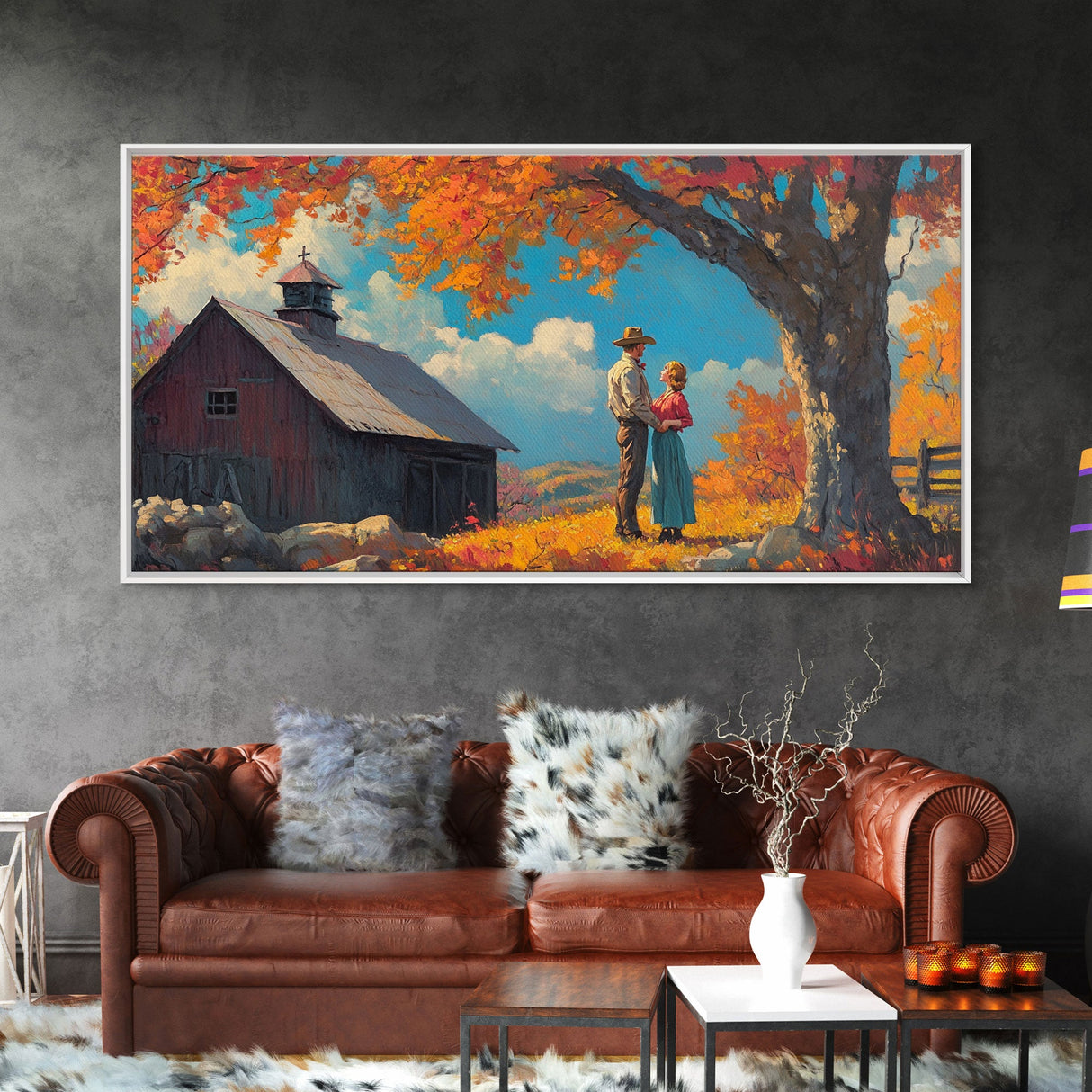 Our First House, Framed Canvas Print, Cowboy & Cowgirl In Love, Fall Landscape Western Art Wall Decor Seasonal Wall Art