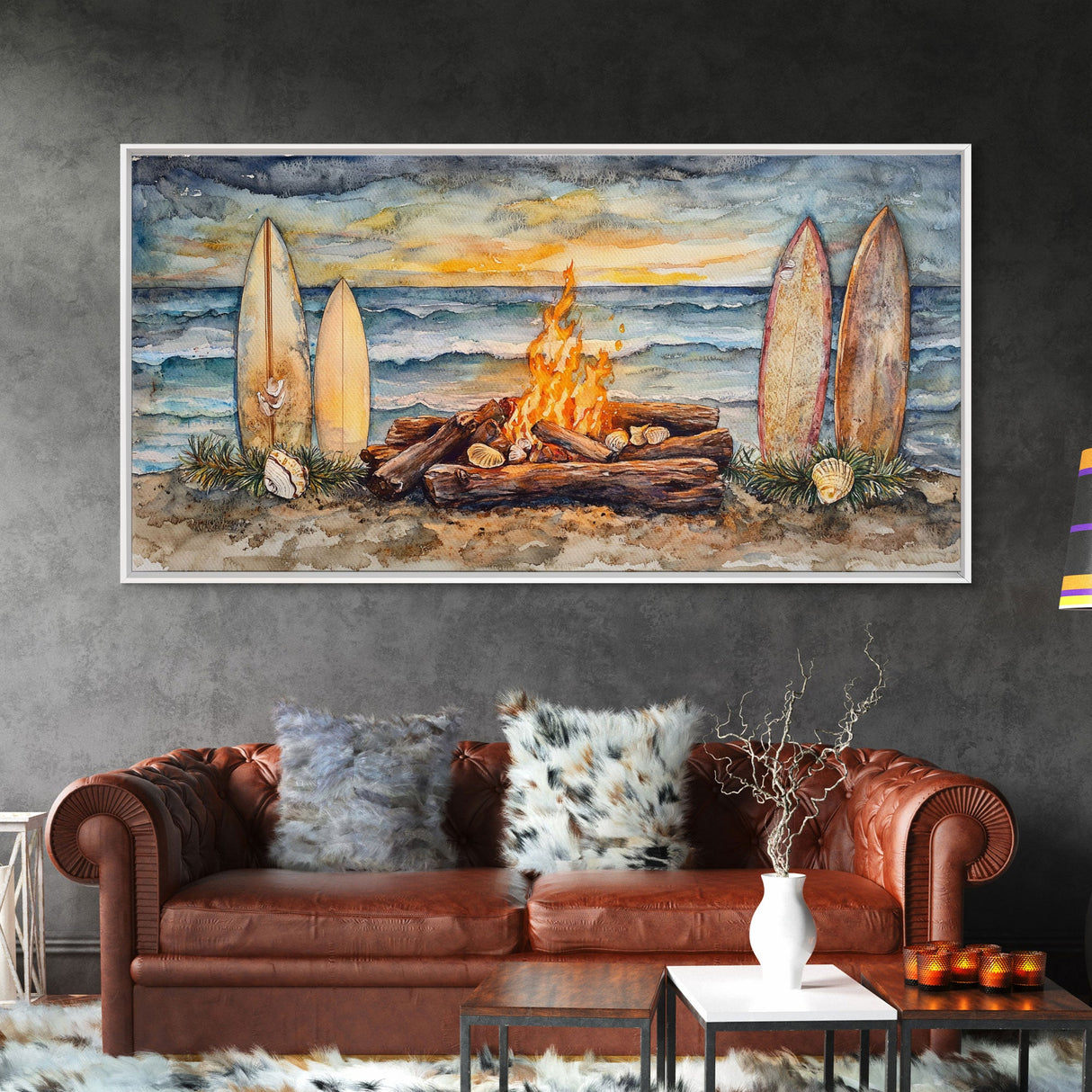 Surfboards And Bonfire On The Beach At Sunset, Tropical Coastal Wall Art, Beach Christmas Decor, Framed Canvas Print