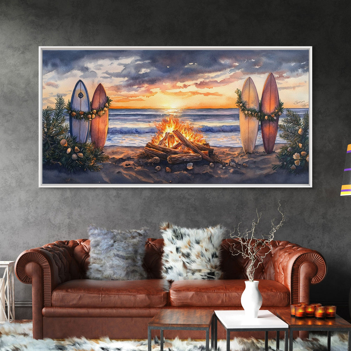 Surfboards With Christmas Garland By Bonfire At Sunset, Tropical Christmas Beach Wall Art, Coastal Holiday Framed Canvas Print