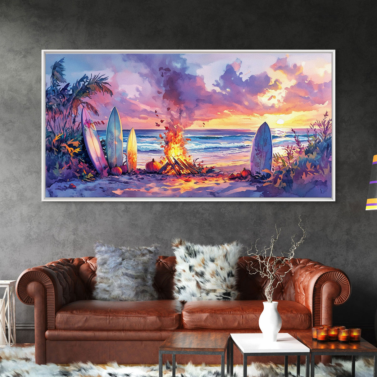 Surfboards And Bonfire At Sunset With Pumpkins, Tropical Beach Christmas Wall Art, Coastal Holiday Framed Canvas Print