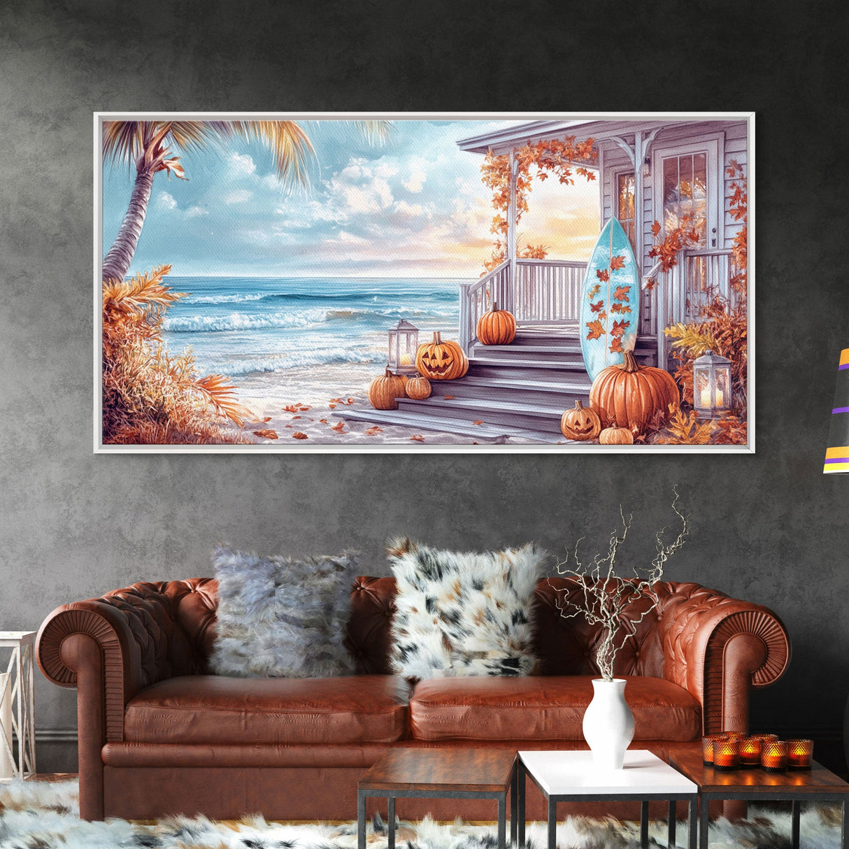 Fall Beachfront Porch With Pumpkins Autumn Decor Framed Canvas Print, Coastal Autumn Home Decor Wall Art Beach Vibes