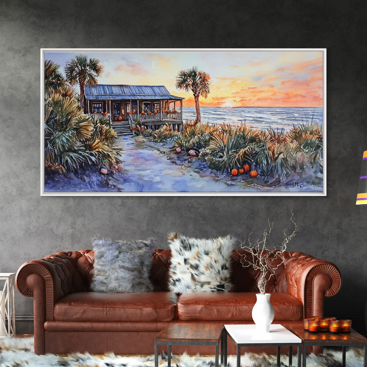 Tropical Beach House Autumn Sunset Scene With Pumpkins Framed Canvas Print, Coastal Fall Wall Art Perfect Gift Idea