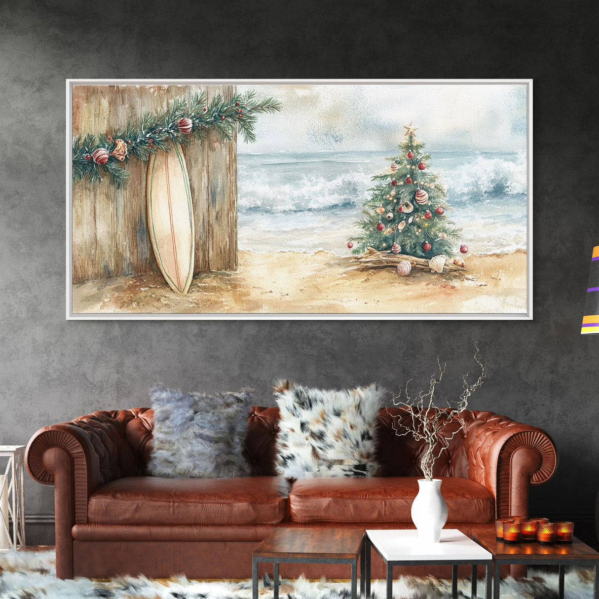 Christmas Tree On Sandy Beach With Surfboard Coastal Decor Framed Canvas Print, Beach Christmas Decor Wall Art