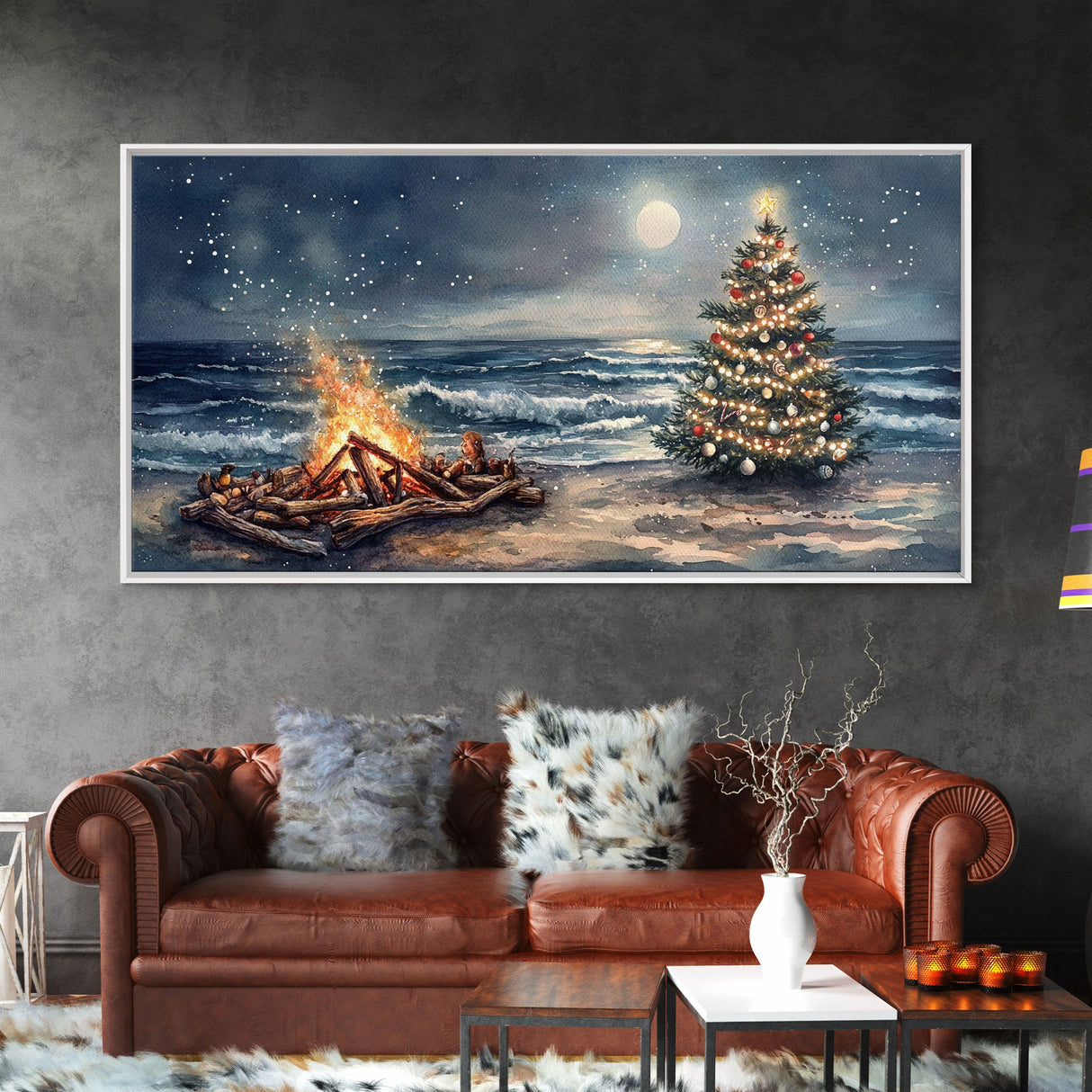 Cozy Bonfire On Beach With Christmas Tree Framed Canvas Print, Nighttime Winter Beach Holiday Wall Art And Coastal Decor