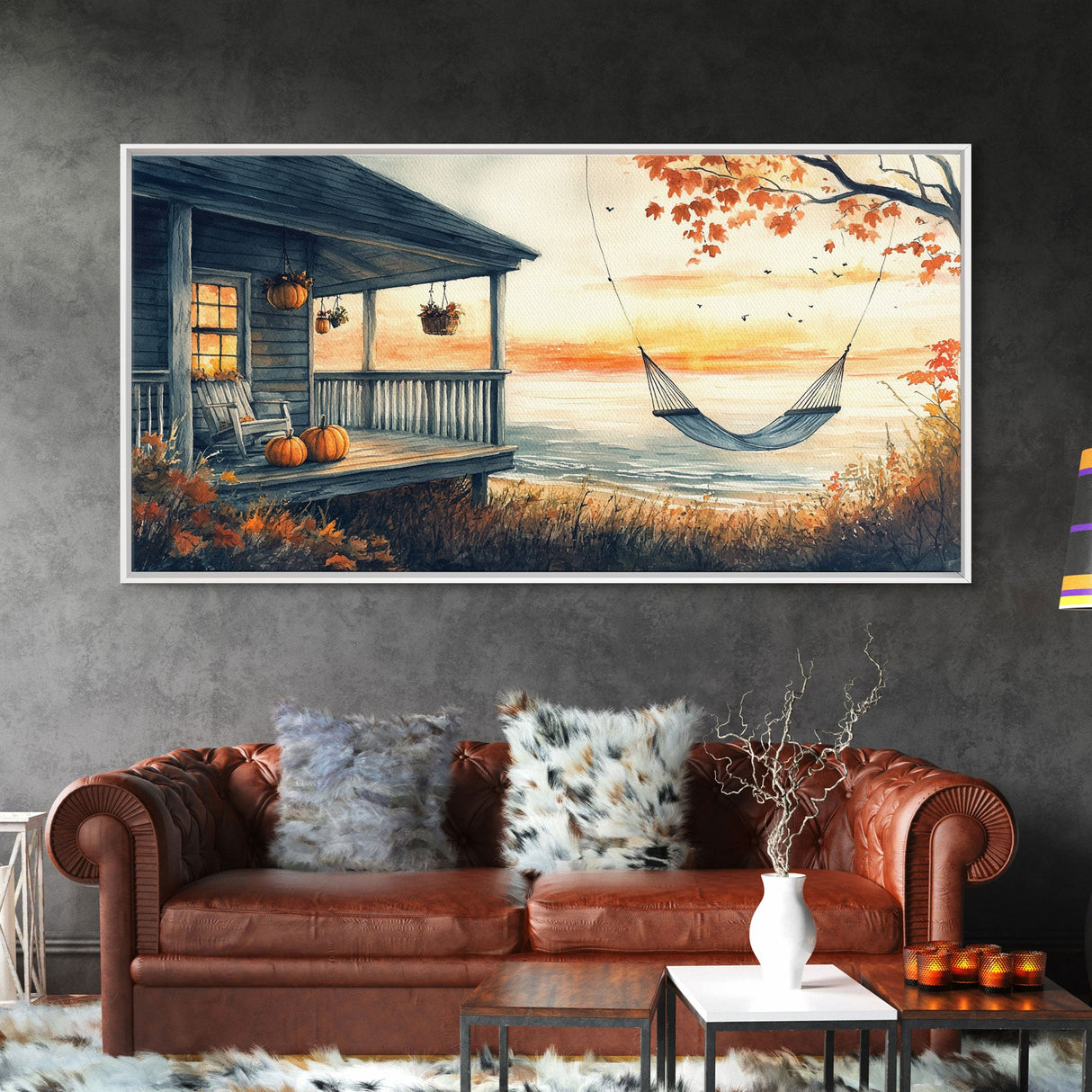 Cozy Autumn Porch with Pumpkins Framed Canvas Print, Warm Sunset Beach Scene Perfect Fall Seasonal Wall Art and Home Decor