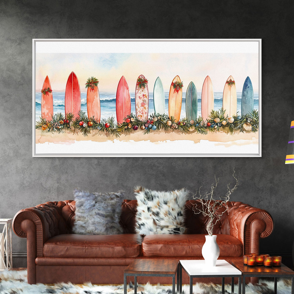 Surfboard Christmas Decor Framed Canvas Print, Coastal Holiday Scene with Festive Garland and Beachy Vibes Tropical Christmas Art