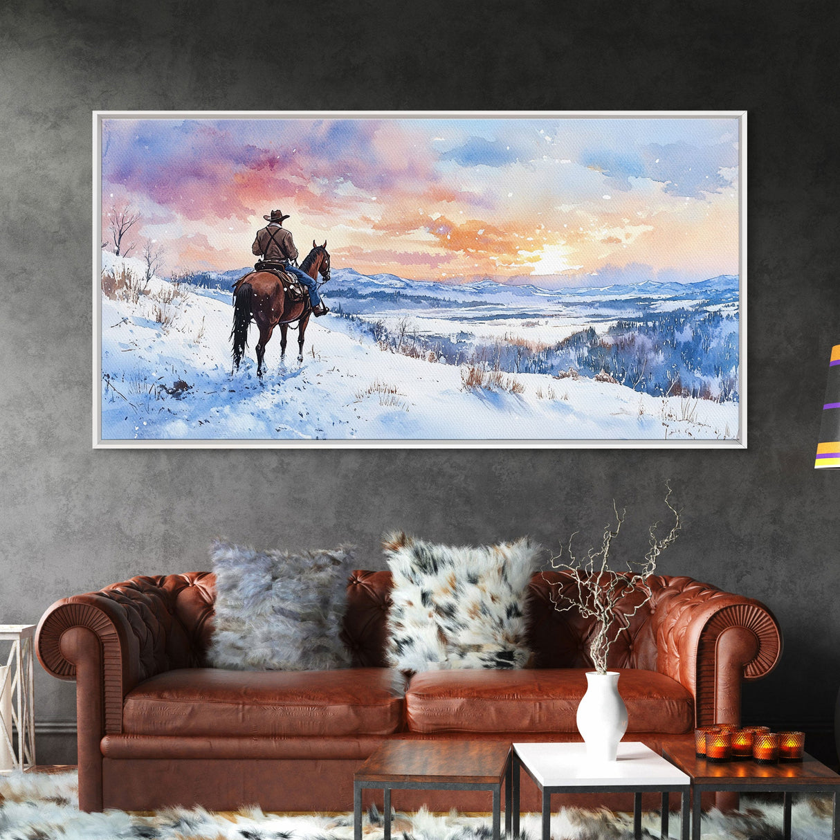 Lone Cowboy In Golden Prairie Framed Canvas Print Tall Art Rustic Autumn Landscape Western Country Decor Fall Home Wall Art Gift For Him